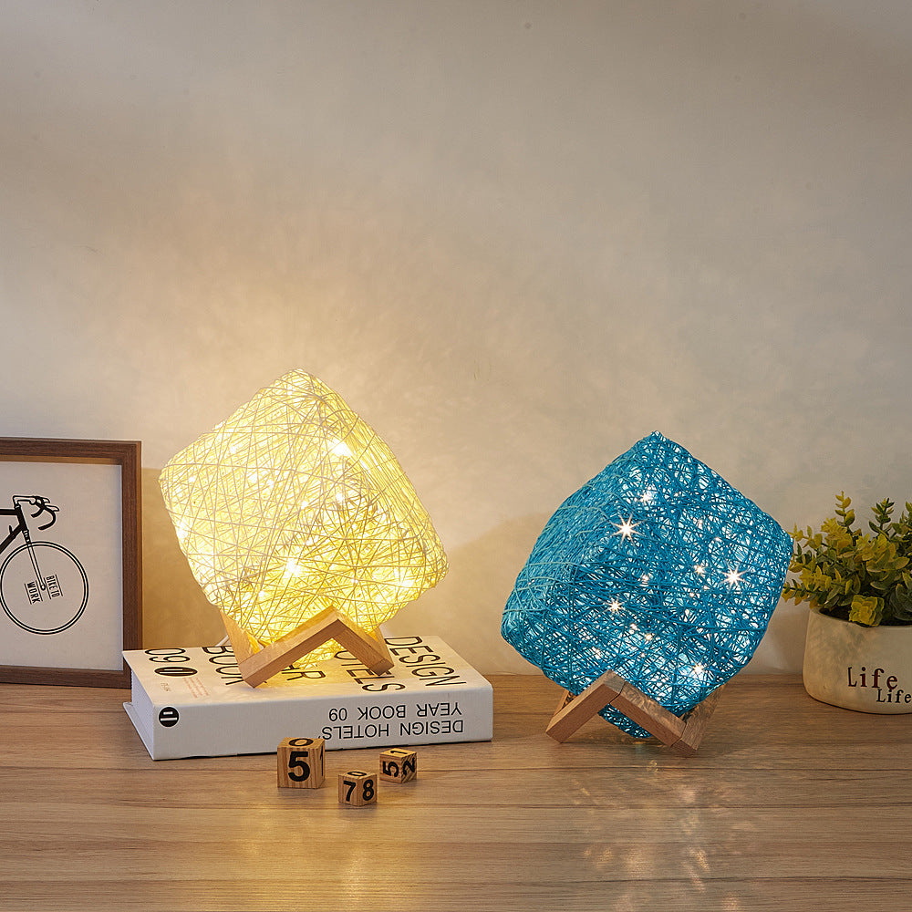 Hand-Knit Dimmable Wood Rattan Square Table Lamp