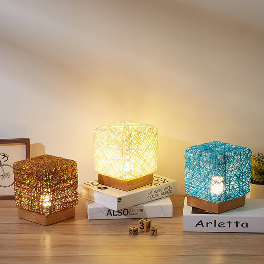 Hand-Knit Dimmable Wood Rattan Square Table Lamp