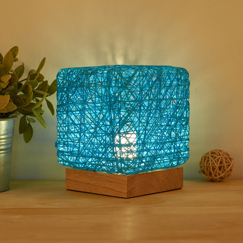 Hand-Knit Dimmable Wood Rattan Square Table Lamp