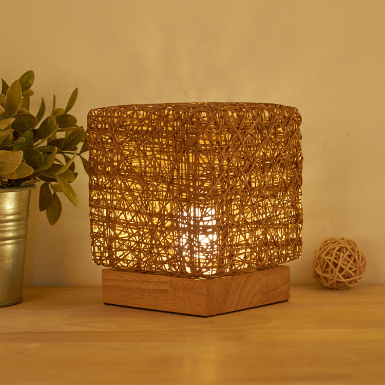 Hand-Knit Dimmable Wood Rattan Square Table Lamp