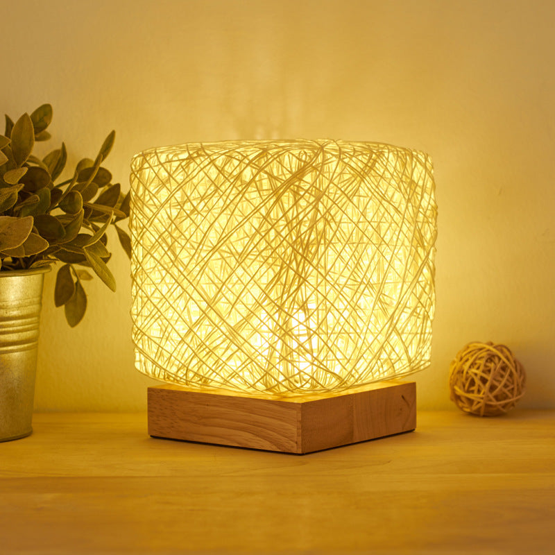 Hand-Knit Dimmable Wood Rattan Square Table Lamp